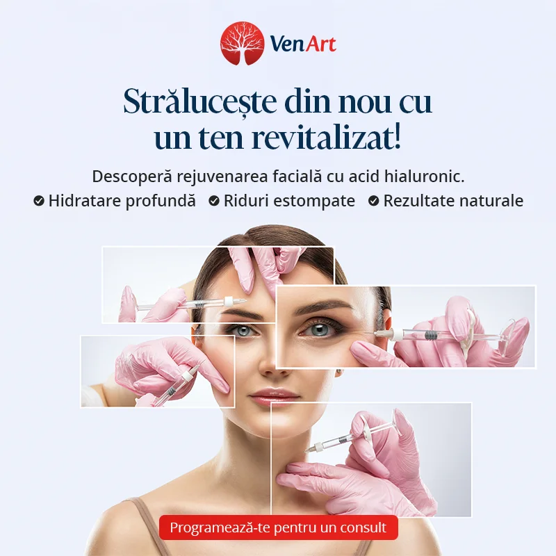 Afis promotional pentru procedura de rejuvenare faciala cu acid hialuronic si beneficiile ei.