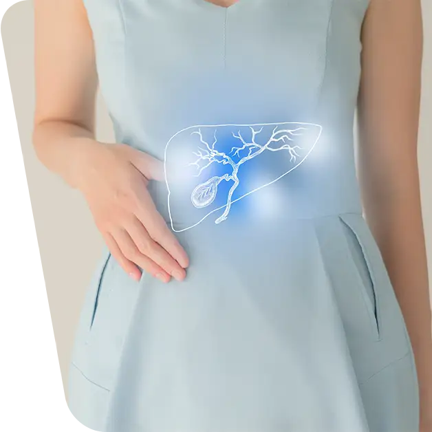 Silueta unei femei care se ține cu mâna în zona abdominală din cauza durerii, ilustrând simptome ale afecțiunile vezicii biliare.