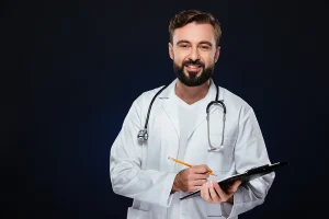 The image depicts a doctor holding a clipboard, symbolizing the professional approach and effective management of treatment for inguinal furunculosis.