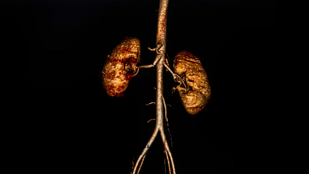 The image illustrates a 3D reconstruction of the aorta and renal artery, performed using state-of-the-art technology.