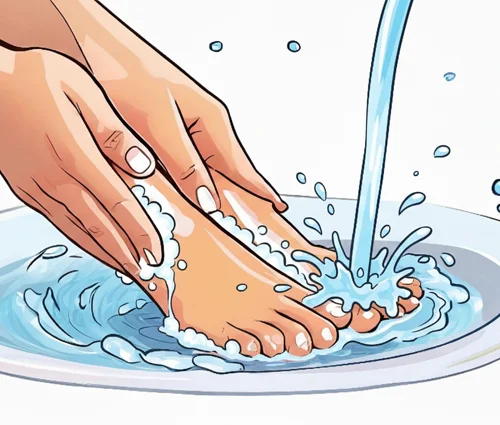 imaginea ilustreaza piciorul diabetic care este spalat si ne sugereaza tratamentul picioarelor diabetice si cum ingrijim rana la picior.