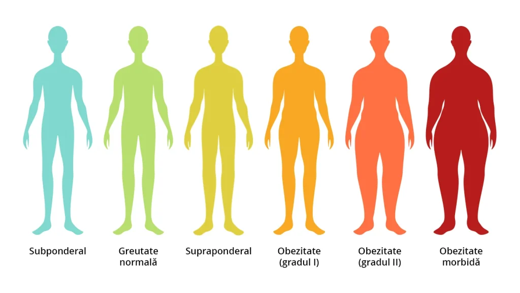 Imagine ilustrând șase siluete diferite reprezentând categoriile Indicelui de Masă Corporală (IMC Calculator), de la subponderal la obezitate morbidă, utilizată pentru a evidenția diversitatea formelor corporale în contextul sănătății și fitness-ului.