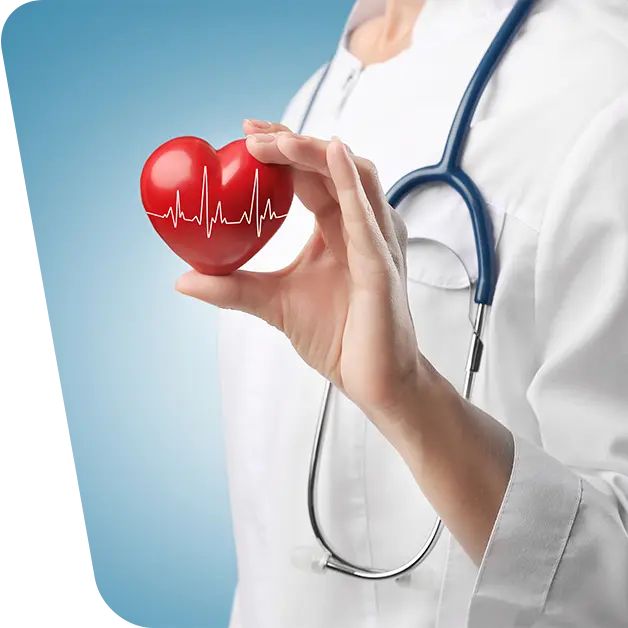Cardiolog ținând în mână o inimă roșie cu electrocardiogramă. Poză reprezentativă de cardiologie, EKG.