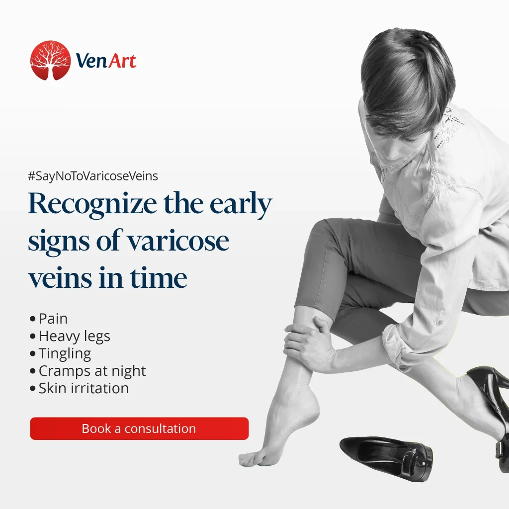 Infogram picture with symptoms of varicose veins: pain, heavy legs, tingling, night cramps and skin irritation