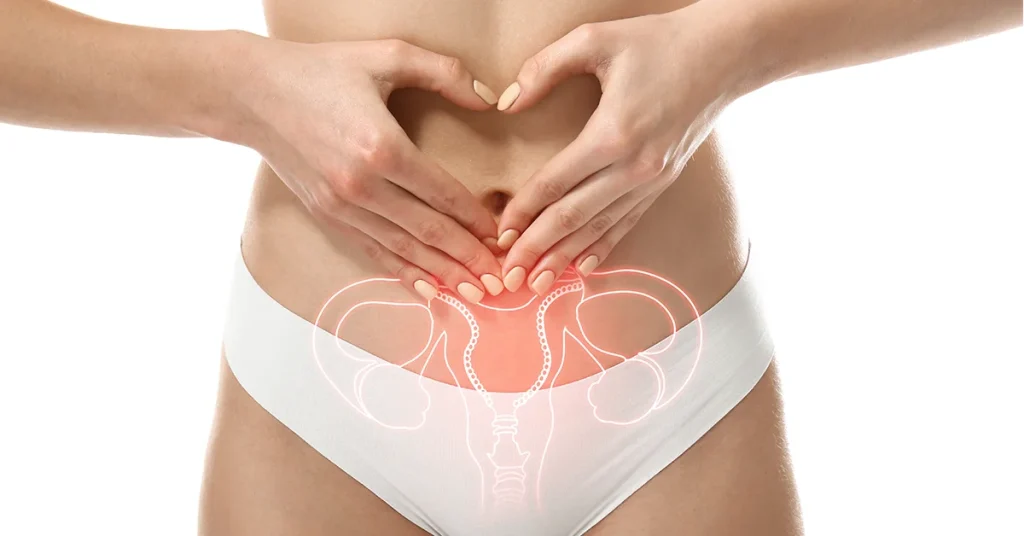 Featured image for the gynecology page of the VenArt clinic showing a woman pointing at her intimate area
