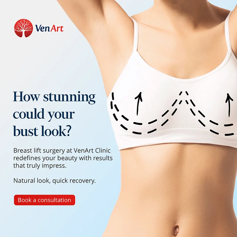 Promotional poster for the Mastopexy (breast lift) procedure and its benefits