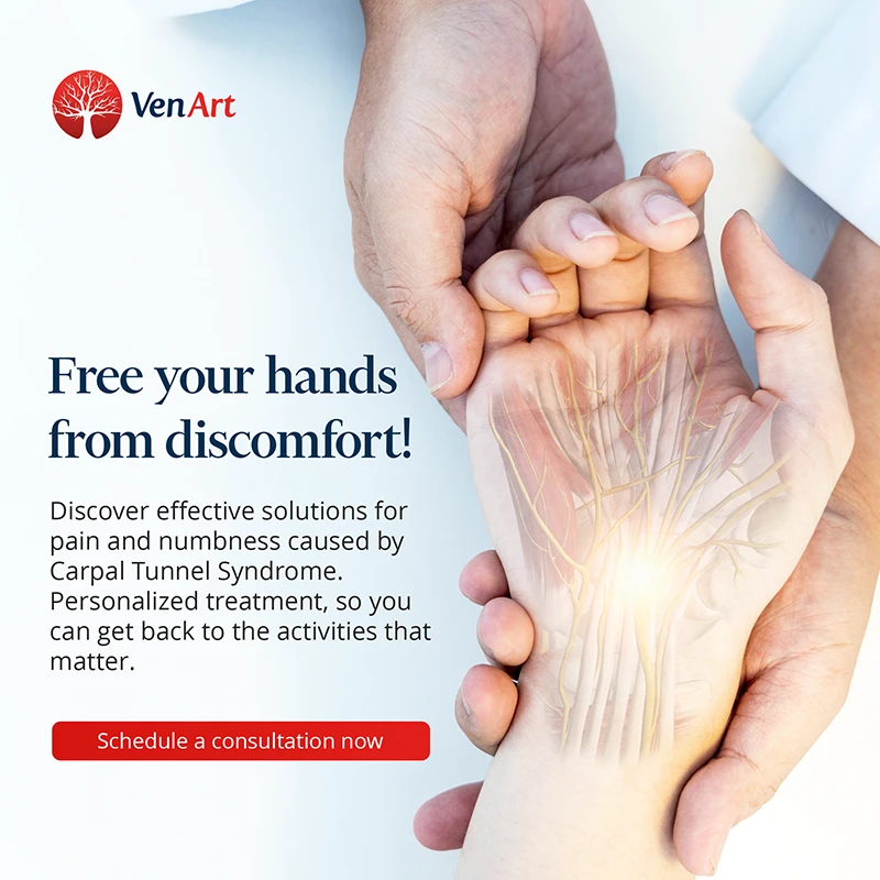 Promotional poster for carpal tunnel syndrome treatment and its benefits.