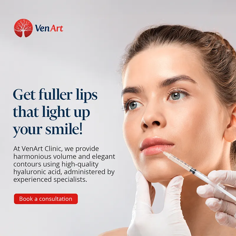 Promotional poster for lip augmentation with hyaluronic acid and its benefits