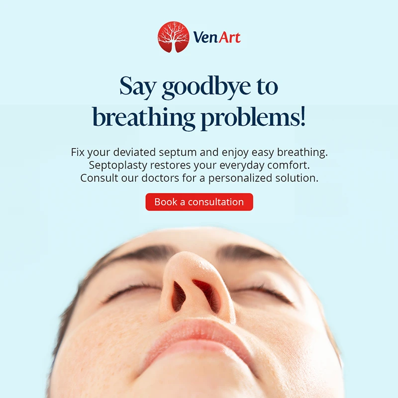 Promotional poster page for septoplasty procedure and its benefits.