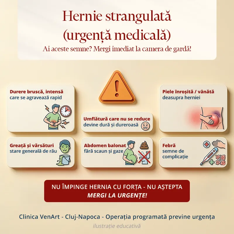 Hernie strangulată: semne de urgență și ce trebuie să faci 1 Ilustrație educativă semne de alarmă hernie strangulată, urgență medicală