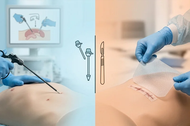 Diagramă comparativă. Comparație operație de hernie: tehnică laparoscopică versus tehnică clasică