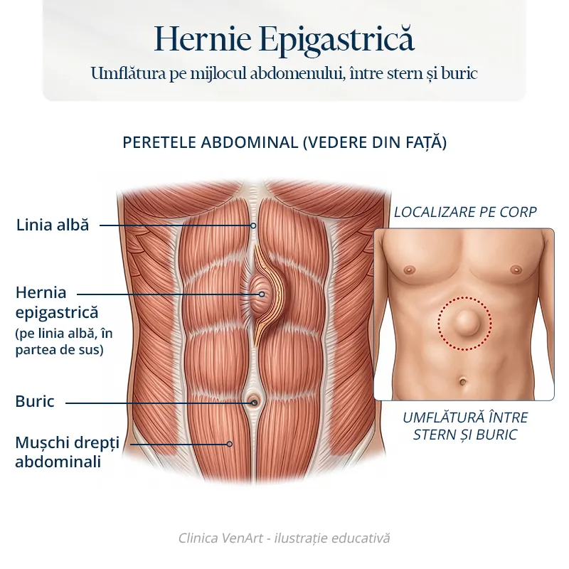 Hernia epigastrică (hernia liniei albe): simptome, operație și preț 1 Ilustrație educativă pentru hernia epigastrică care prezintă peretele abdominal și umflătura pe mijlocul abdomenului între stern și buric.