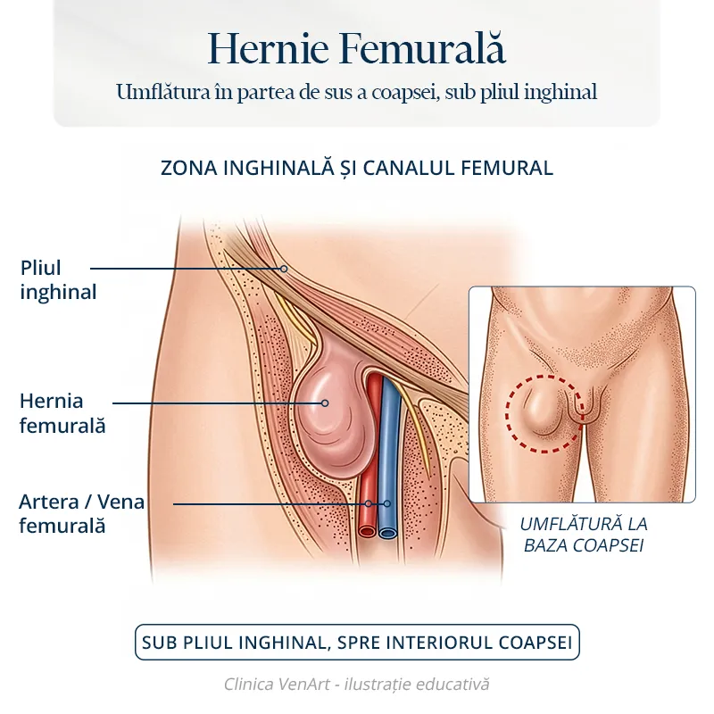 Hernia femurală: simptome, operație, recuperare și preț 1 Ilustrație educativă pentru hernia femurală care prezintă umflătura în partea de sus a coapsei, zona inghinală și canalul femural