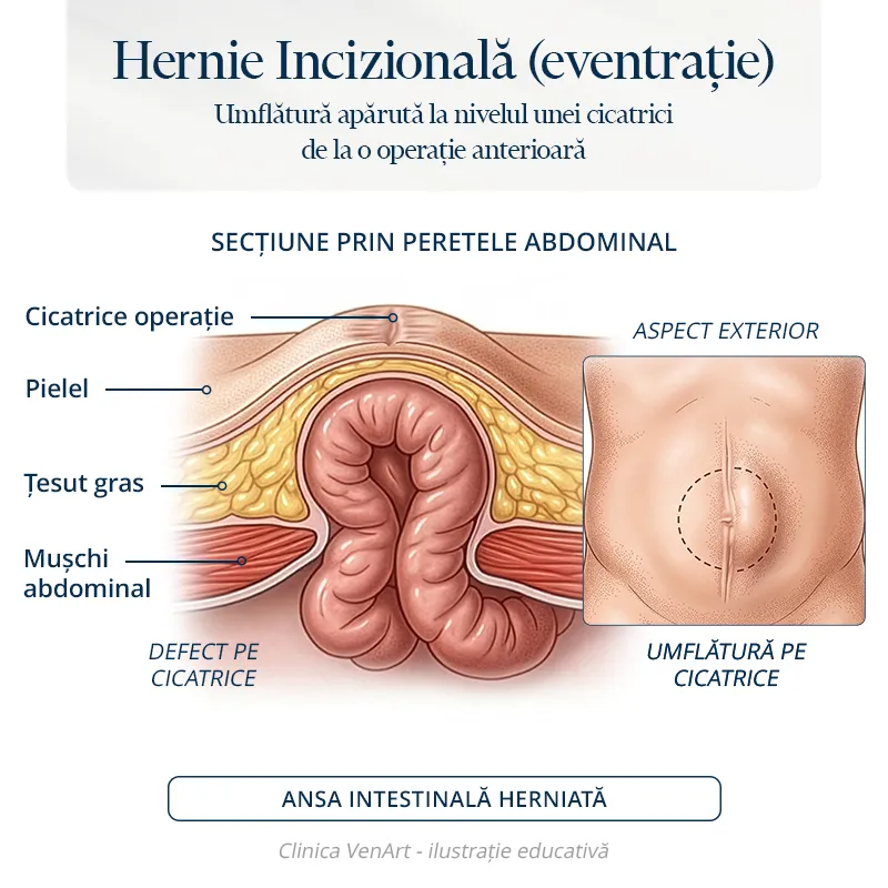Hernia incizională (eventrația): simptome, operație și preț 1 Ilustrație educativă pentru hernia incizională, eventrație.