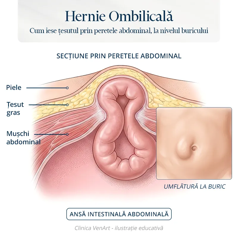 Hernia ombilicală: simptome, operație, recuperare și preț 1 Ilustrație educativă pentru hernia ombilicală care prezintă cum iese țesutul prin peretele abdominal, la nivelul buricului.