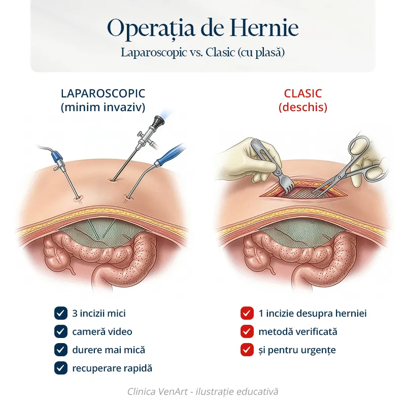Operație de hernie: laparoscopic vs clasic și rolul plasei (mesh) 1 Ilustrație educativă pentru operația de hernie: laparoscopic (minim invazic vs. clasic (deschis) și care este rolul plasei.