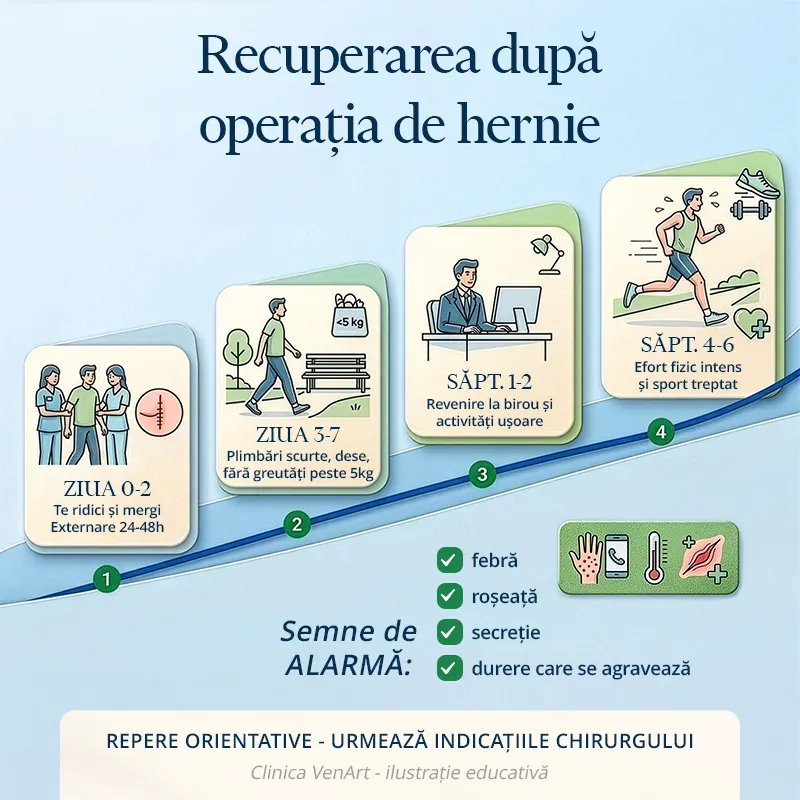 Recuperare după operația de hernie: cât durează (Clinica VenArt) 1 Ilustrație educativă cu etapele recuperării după operația de hernie și semnele de alarmă